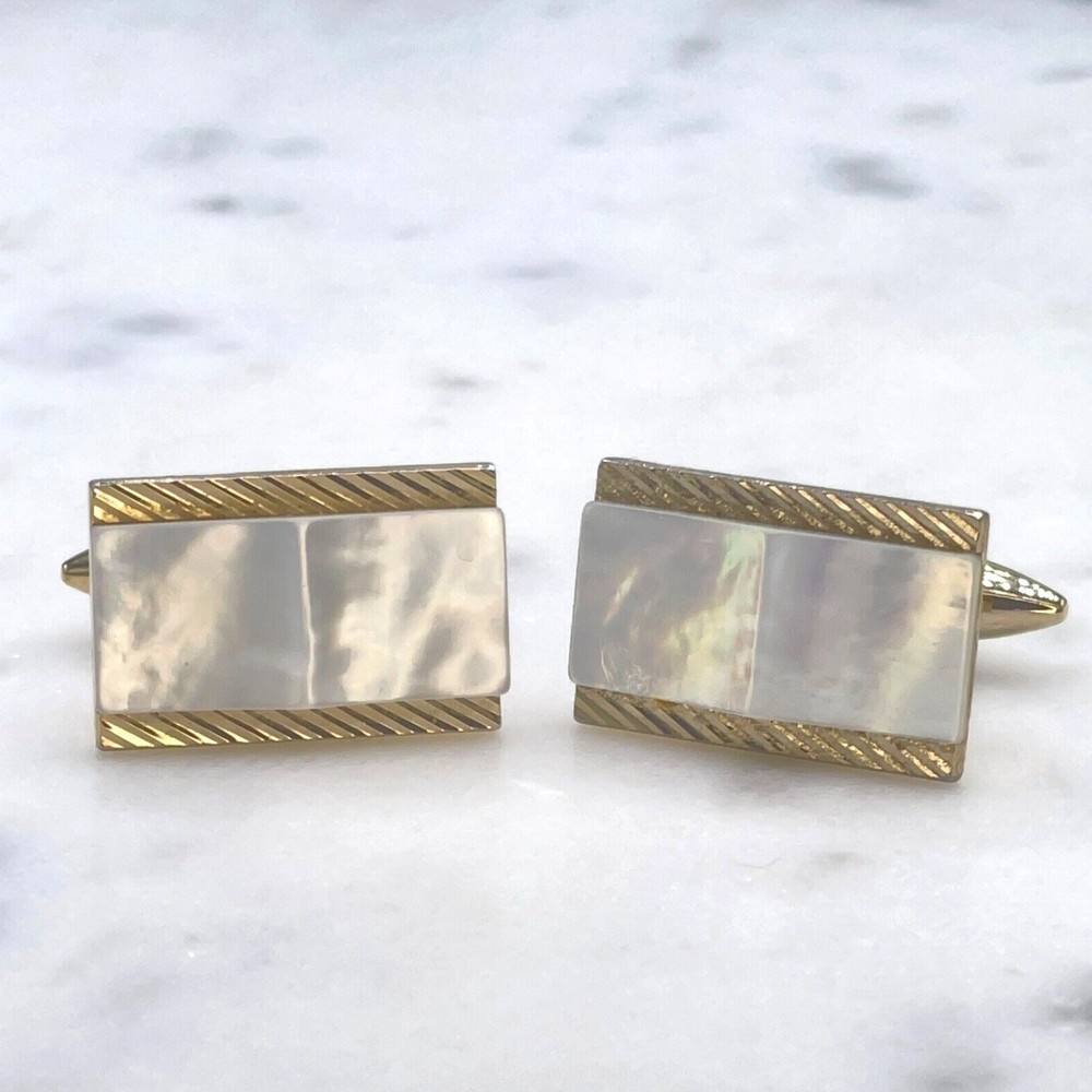Mens Mother of Pearl Gold Tone Rectangular Bullet Back Cufflinks - Picture 5 of 12
